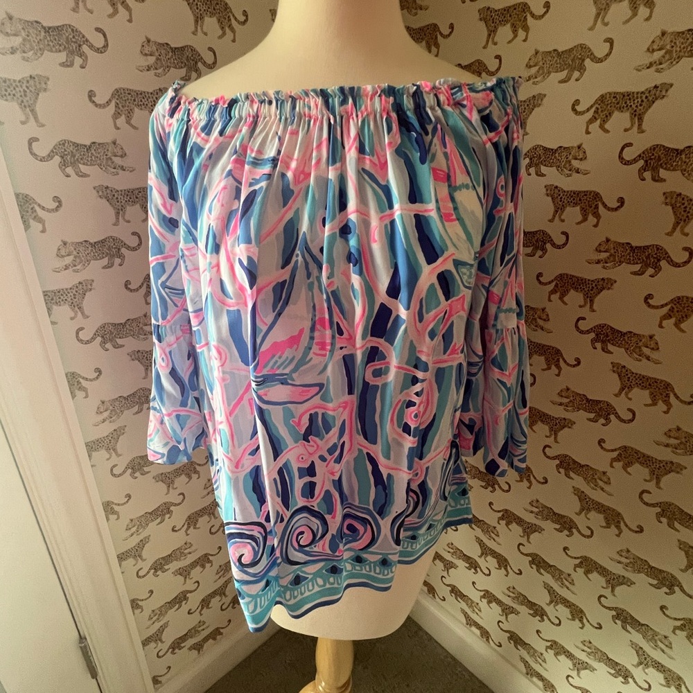 Lilly Pulitzer Pink and Blue Ruched Tunic with 3/4 Sleeves